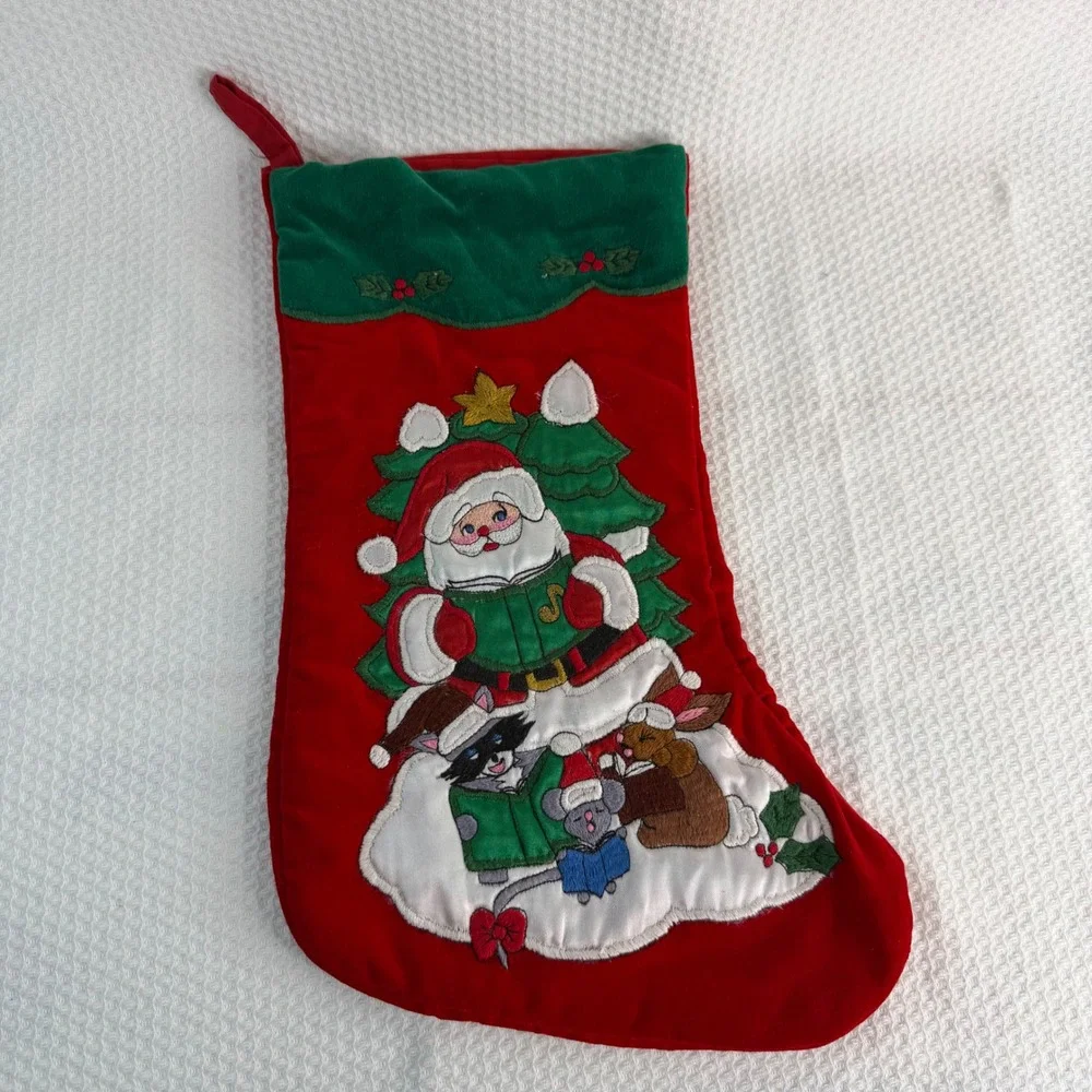 Vintage Style Red Velvet Embroidered Santa and Animals Christmas Stocking 15in